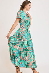 Umgee Full Size Printed Notched Short Sleeve Tiered Dress Plus Size OutfitFlow